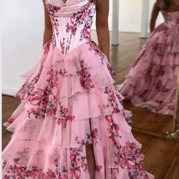 Pink Elegant Women's Off-The-Shoulder Chiffon Fairy Long Evening Dress - Picture 3 of 3